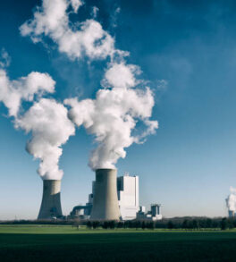 High resolution photograph of a modern brown-coal fired power plant with pollution.